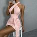 2024 Cross-Border European And American Sexy Cross Strap Halter Backless Ruched Bodycon Dress_ecoleips.com