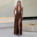 Women's Clothing Summer Fashion Sexy Slim V Neck Hot Girl Solid Color Halter Neck Slit Dress Style For Formal & Casual For Women_ecoleips.com