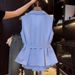 Women's Clothing Summer Light Blue Women's Elegant Pleated Sleeveless Shirt With Collar And Belted Style Cross Border E-commerce_ecoleips.com