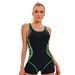 Women's Color-Block Sporty One-Piece Swimsuit Conservative Backless Quick-Dry Surfing Suit with UPF Protection_ecoleips.com