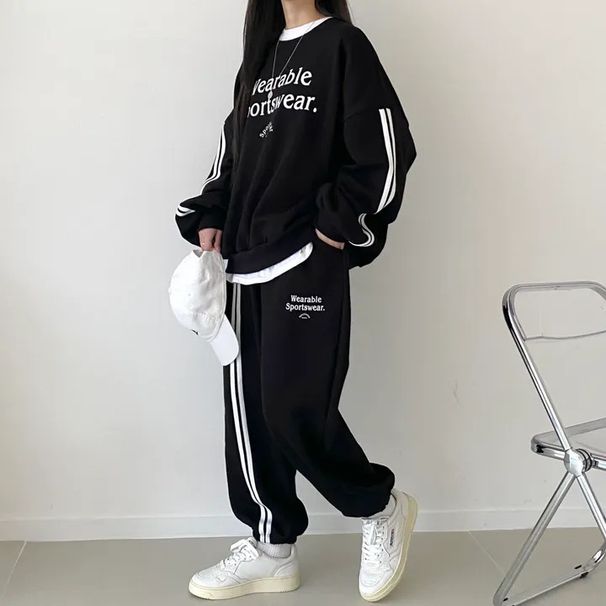 Women's Clothing Slimming sports pants Korean suit women's color spring and autumn splicing casual sports autumn and winter new round neck loose_ecoleips.com