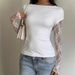 Women's Slim Fit Long Sleeve T-Shirt Lace Detail Blouse Sheer Panel Design Top_ecoleips.com