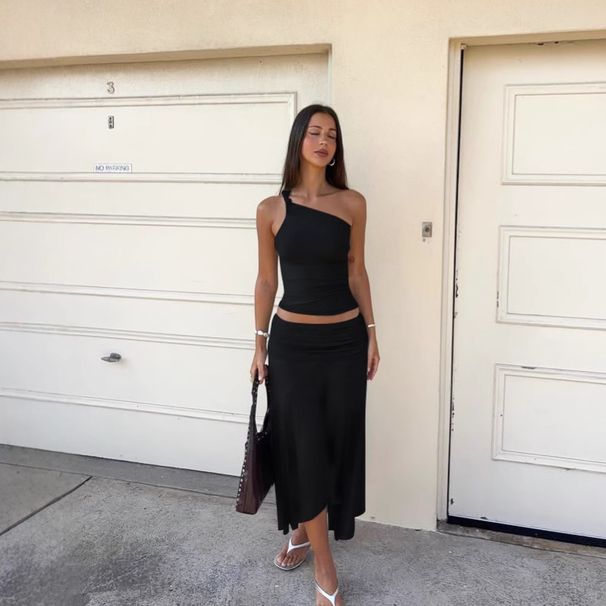 European American Ins-style Women's Clothing, Solid Color One-shoulder Sleeveless Crop Top And High-waisted Pleated_ecoleips.com