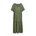 Women's Clothing Large Size Summer Women's Solid Color Dress Loose Pleated V Neck Short Sleeved A Line Long Skirt Female_ecoleips.com