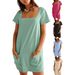 2026 Women's Square Neck Short Sleeve Fashion Short Skirt Pocket Casual Dress_ecoleips.com