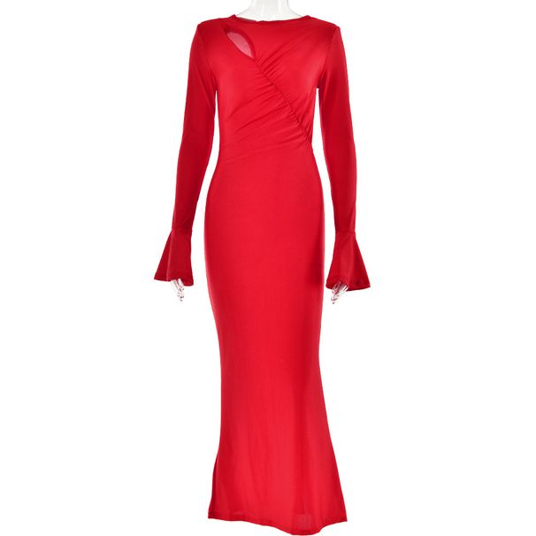 Elegant Patchwork Pleated Maxi Dress Crew Neck Flare Long Sleeve Slim Bodycon Evening Dress_ecoleips.com