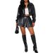 Autumn Women's Leather Wallet Urban Fashion Front Opening Lapel Single Breasted Skirt Suit Set_ecoleips.com