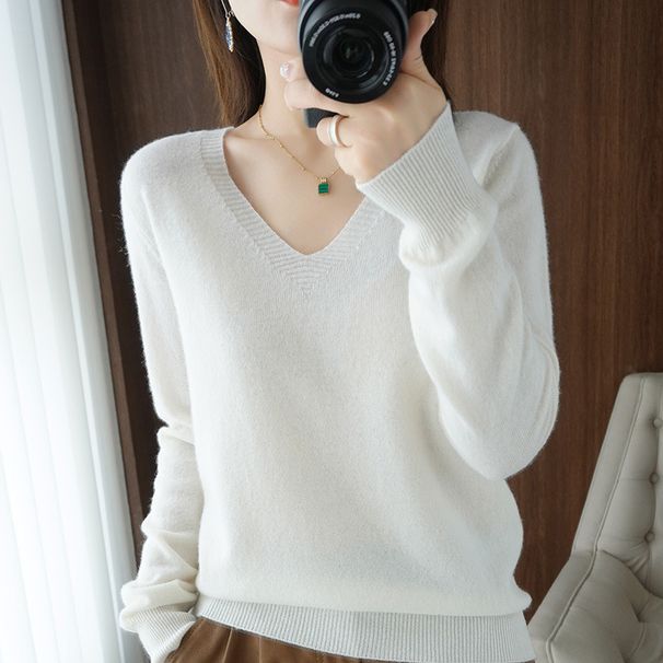 K V-neck Loose Knit Sweater For Women's New Style, Versatile Sweater For Outerwear, Solid Color Long Sleeved Thin Style, Stylish Top_ecoleips.com
