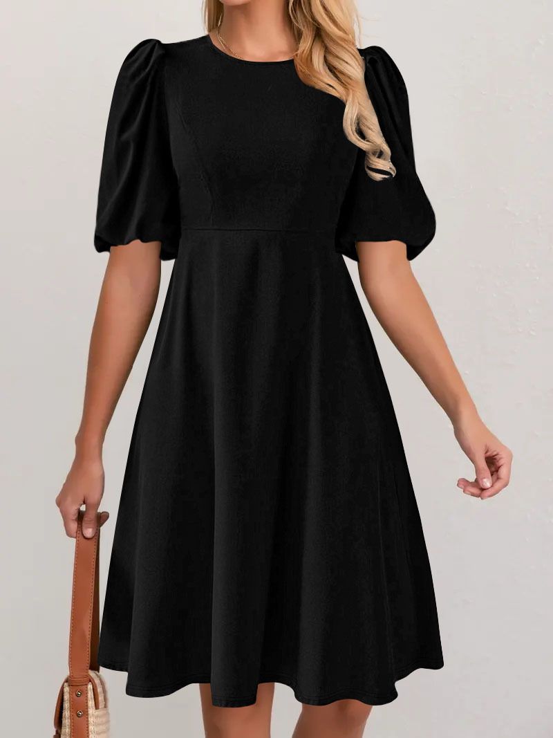 Women's Clothing Fashionable Elegant Solid Color Women's Dress Casual Round Neck Puff Sleeve European American Style Spring Summer New Arrival_ecoleips.com