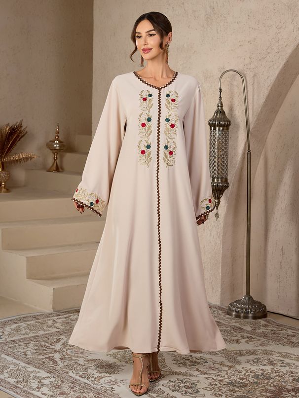 Elegant Gold-Embroidered Kaftan Dress – V-Neck Ribbon Detail Middle Eastern Muslim Abaya (Apricot, M-XL)_ecoleips.com