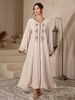 Elegant Gold-Embroidered Kaftan Dress – V-Neck Ribbon Detail Middle Eastern Muslim Abaya (Apricot, M-XL)_ecoleips.com