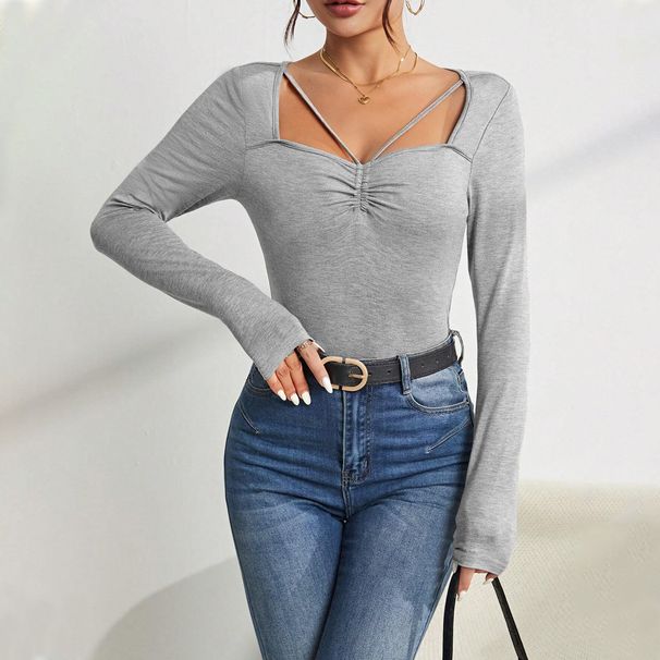 Voya 2026 Cross-Border Women's Clothing Simple Design Square Neck T-Shirt Spring/Summer Slim Fit Versatile Slimming_ecoleips.com