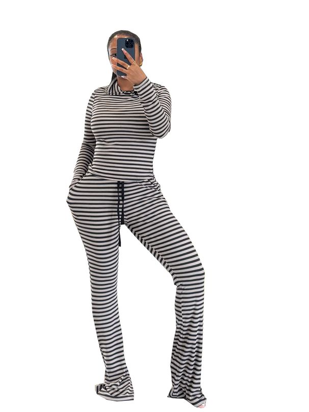 TW832 Women's Casual Striped Two-Piece Set Spring Autumn European American Style Hooded Top And Sports Drawstring Pants_ecoleips.com