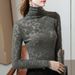 Women's High Neck Lace Base Shirt Women's See-Through Crochet Stretch Inner Waisted Top_ecoleips.com
