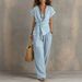 Women's Casual V Neck Pullover Set Short Sleeved Washed Cotton Multi Color New Clothing_ecoleips.com