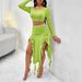 Women's Fashionable Elegant Solid Color Round Neck Long Sleeved Top And Ruffle Skirt Set_ecoleips.com