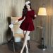 2025 Autumn New Women's Clothing French Heavy Industry Round Neck Diamond-encrusted Waist Fluffy Red Velvet Dress_ecoleips.com