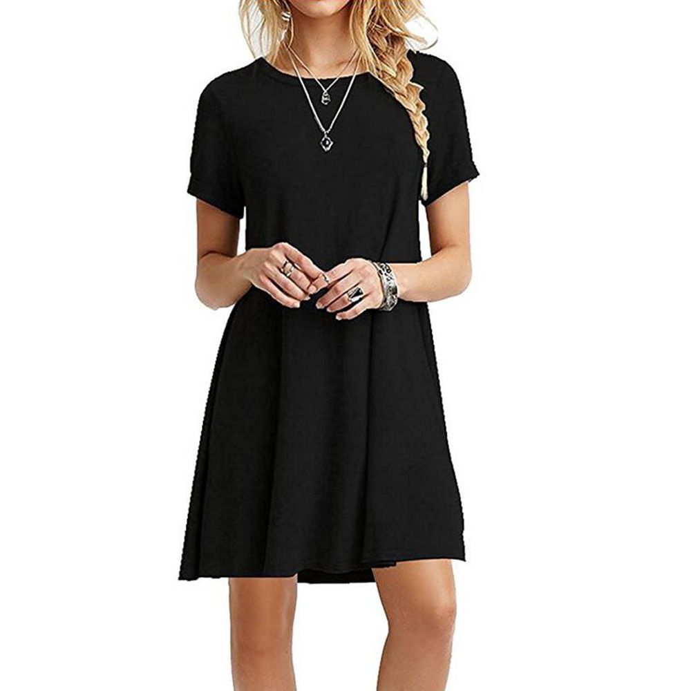 Summer Women Solid Color Dress Short Sleeve Mini Causal Dresses O-Neck Basic A-line Floral Printed Leopard Thick Vestidos_ecoleips.com