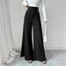 Voya Women's Black High Wide-leg Women, Slimming , Floor-length Straight Pants With Metal Button Decoration, Suitable Commuter Professional Trousers_ecoleips.com