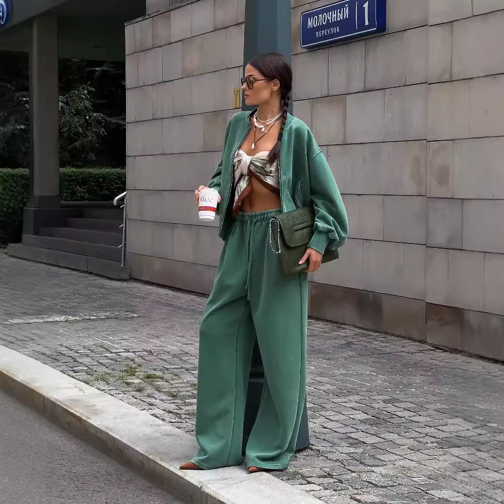 Women's Clothing Warm Zipper Long Sleeve Stand Collar Loose Sweatshirt Women's Trendy Brand Straight High Waist Slim Long Sweatpants Two Piece Set_ecoleips.com