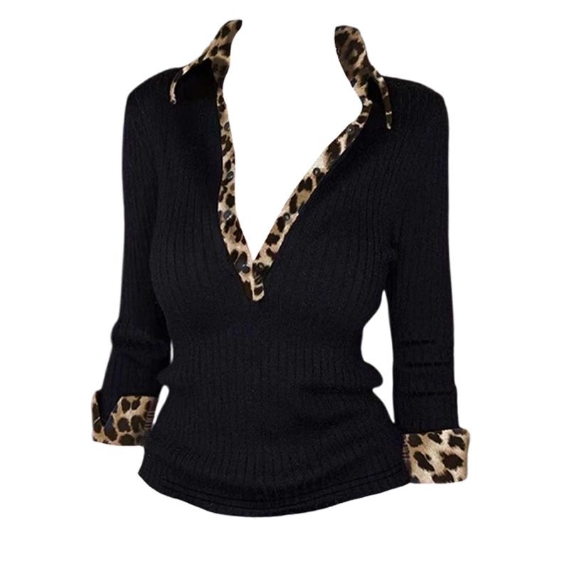 Women's Slim Fit V Neck Long Sleeve T-Shirt Leopard Print Patchwork Versatile Base Layer Top For Autumn Winter_ecoleips.com