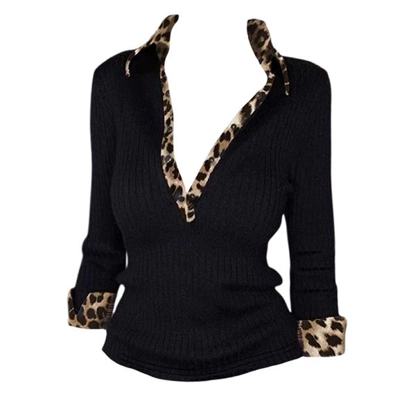 Women's Slim Fit V Neck Long Sleeve T-Shirt Leopard Print Patchwork Versatile Base Layer Top For Autumn Winter_ecoleips.com