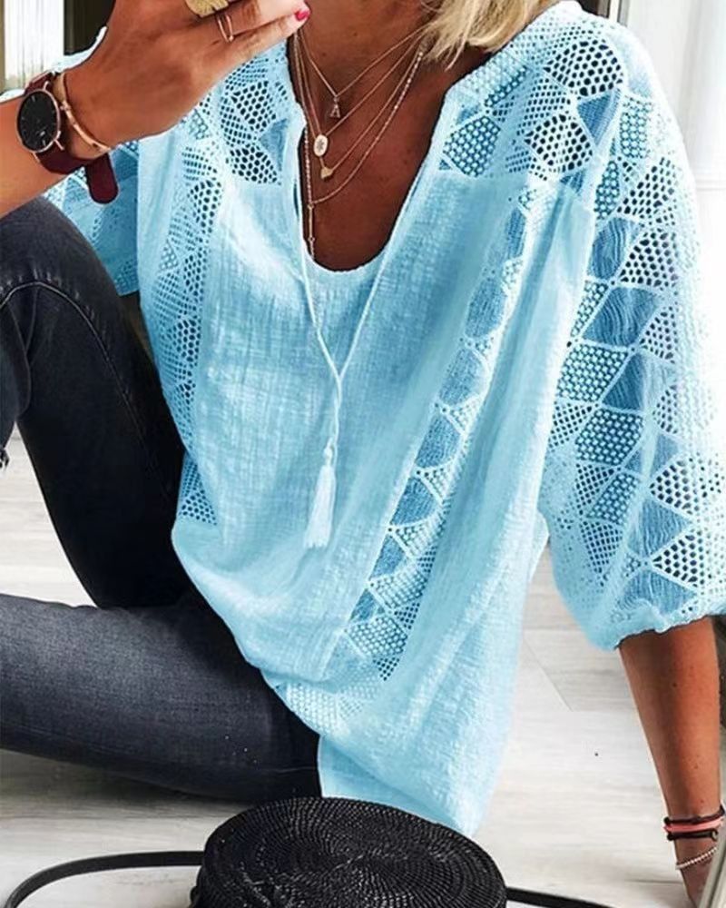 Spring New Women's Lace Hollow Out Patchwork U Neck Three Quarter Sleeve T Shirt Top_ecoleips.com