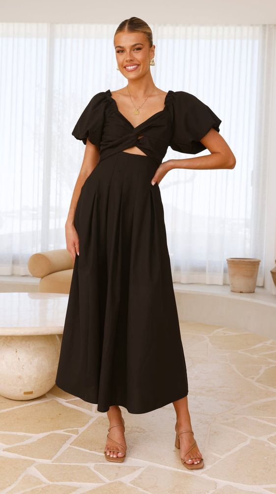Women's Solid Color V-Neck Long Puff Sleeve Slimming Dress European American Style Cross Border Fashion 2025_ecoleips.com