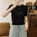 Women's French Style Rhinestone Knit T-Shirt Round Neck Short Sleeve Puff Sleeve Hollowed Out Pattern Heavy Duty New Summer Top_ecoleips.com