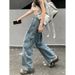 Plus Size Women's Clothing Fat MM Workwear Loose Casual Straight Pocket Wide Leg Retro American Style Floor-Length Jeans_ecoleips.com