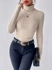 Autumn And Winter Sexy Texture Pit Stripe Slim Knit Long Sleeve Women's T-shirt New High Neck Women's Tops Casual Women's Tops_ecoleips.com
