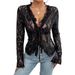 Women's Long Sleeve Lace Blouse, Deep V Neck Ruffled Sheer Mesh Top With Front Tie, Elegant Slim Fit Floral Lace Shirt For Daily Casual Club Party Nig_ecoleips.com