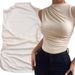 Women Sleeveless Pleated Top Semi High Neck Slim Fit Tank Apricot Solid Color Stretch Polyester Breathable Vest For Office Work_ecoleips.com