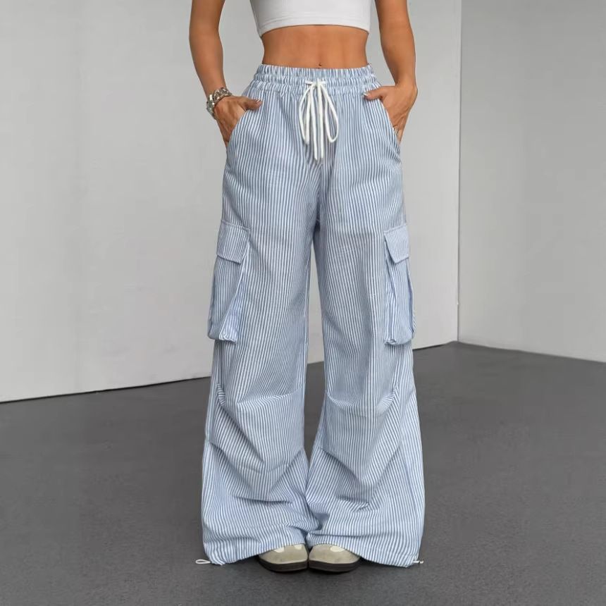 Autumn/Summer High-Waisted Slimming Striped Pants For Women Casual Loose Street Style Floor Length Fashion_ecoleips.com