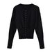 European And American High-waisted Women's Round-neck Single-breasted Knit Sweater, Niche Design Short Top, Trendy Thin_ecoleips.com