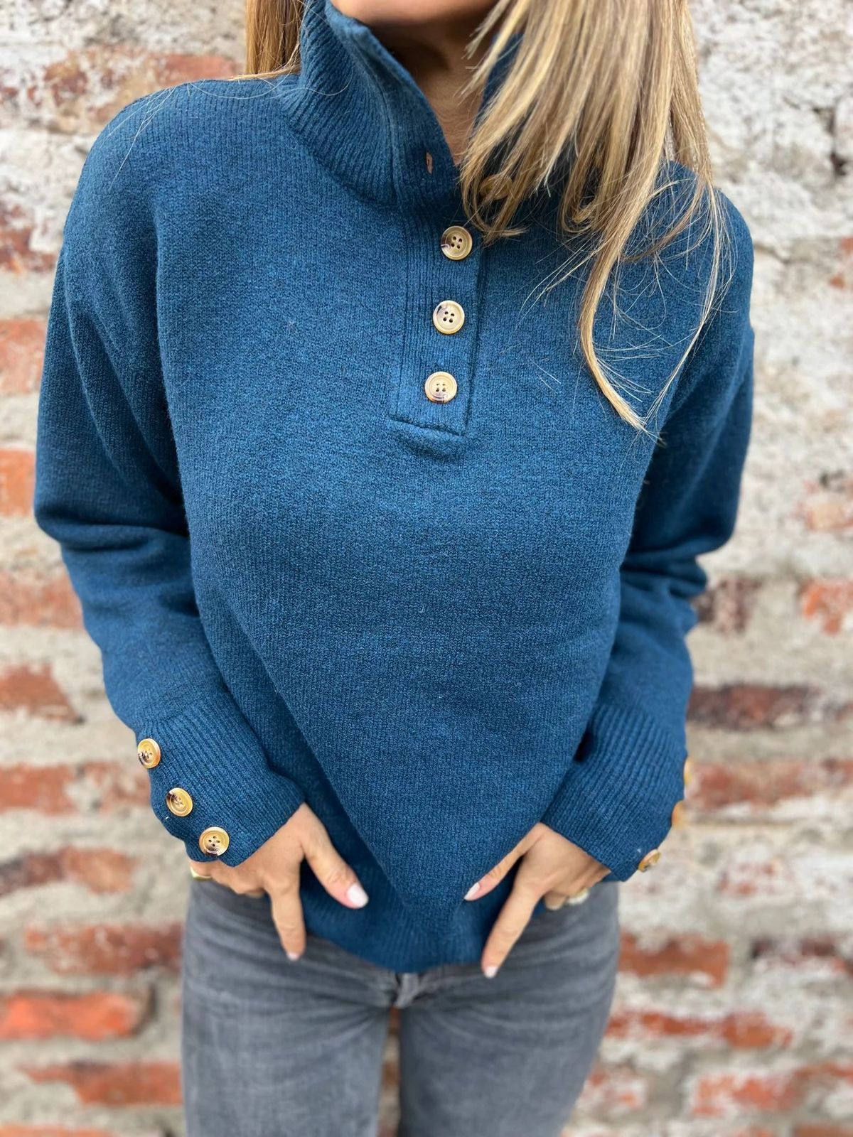 Women's Autumn Winter Stand Collar Knit Sweater Solid Color Casual Loose Fit Button Detail Comfortable Sweater_ecoleips.com