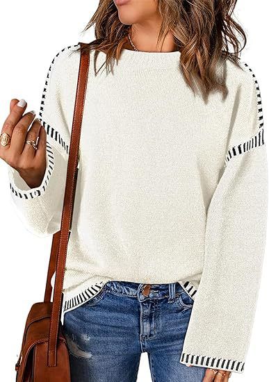 Women's Clothing Oversized Knit Sweater With Color-Block Detail – Cozy Acrylic Round-Neck Pullover For Women_ecoleips.com