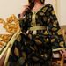 Muslim Abaya Women Fashion V Neck Long Sleeve Printed Dress_ecoleips.com