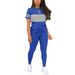 Fashionable Women's Two-Piece Suit round Neck Short Sleeved Color Block Top And Trousers European American Style_ecoleips.com