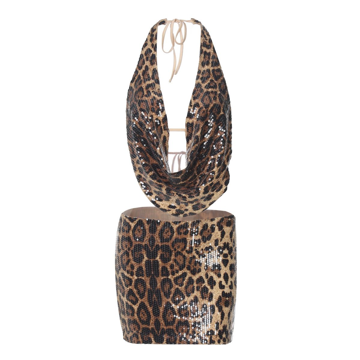 Women's Clothing New Fashion Personality Trend Street Shooting Leopard Print Low Cut Sequined Hip Skirt Suit_ecoleips.com
