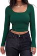 Women's Ribbed Square Neck Long Sleeve T-Shirt – Slim Fit Stretch Top, Breathable & Versatile For Casual & Layering_ecoleips.com