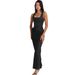 Elegant Sexy Solid Color Evening Gown European American Style Halter Top Deep V Neck Backless Slit Fitted Dress_ecoleips.com