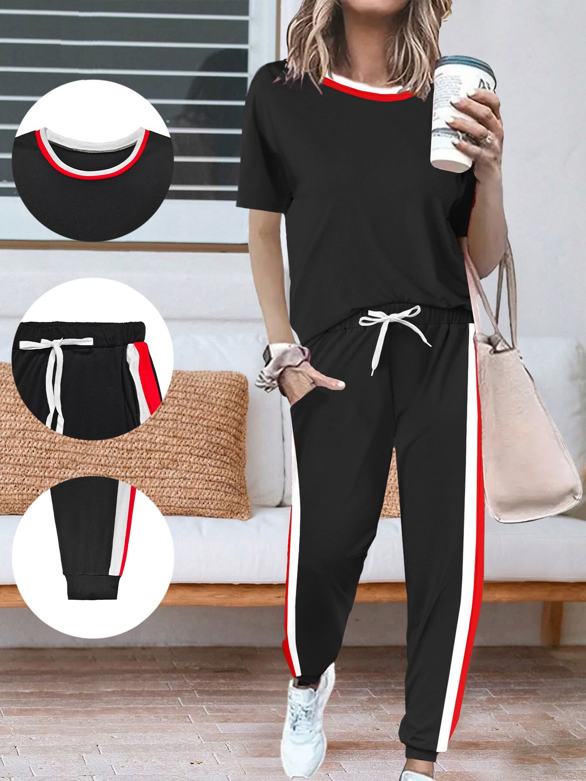 Women's Short Sleeve Top And Pants Set | Crewneck Casual Two-Piece Outfit | Summer Lounge Matching Co-ords_ecoleips.com