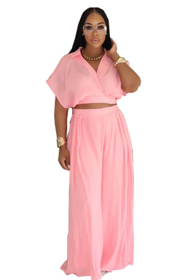 Women's Fashion Loose Suit Solid Color Lapel V-Neck Batwing Top Wide Leg Pants Spring/Autumn Wear_ecoleips.com