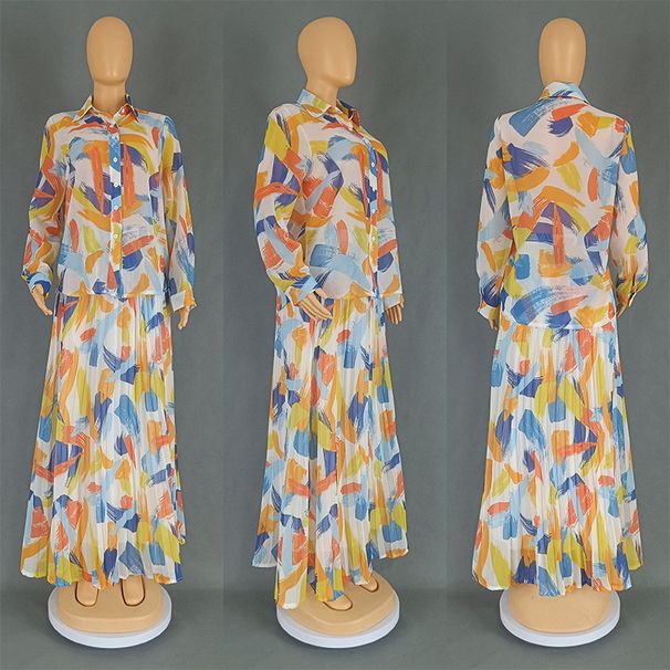 Women's Clothing Shirt Pleated Large Swing Large Size Top Dress Two Piece Set_ecoleips.com