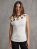 Women's Sleeveless Asymmetrical Hollow out T-Shirt off Shoulder Pleated Solid Color Top_ecoleips.com