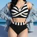 New 2026 Women's Backless Push up Bikini Striped Print Color Block European American Style Swimsuit for Vacation_ecoleips.com