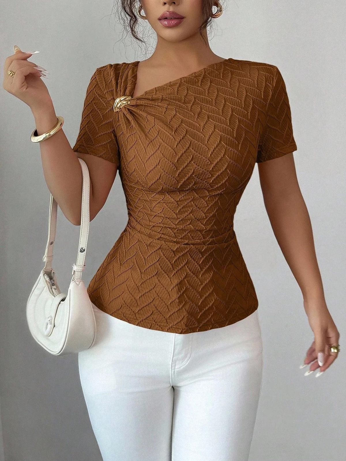 Elegant Pleated Slim Fit Knitted Short Sleeved Top Asymmetrical Neckline 3D Rose Gold Button Embellishments Women's Clothing Platform Style_ecoleips.com