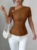 Elegant Pleated Slim Fit Knitted Short Sleeved Top Asymmetrical Neckline 3D Rose Gold Button Embellishments Women's Clothing Platform Style_ecoleips.com