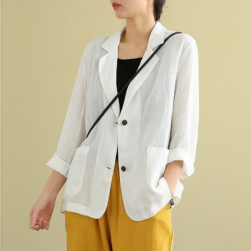 2026 Autumn New Fashion Casual Cotton Linen Blazer For Women, Solid Color Versatile Long Sleeve Loose Fit Suit Jacket_ecoleips.com